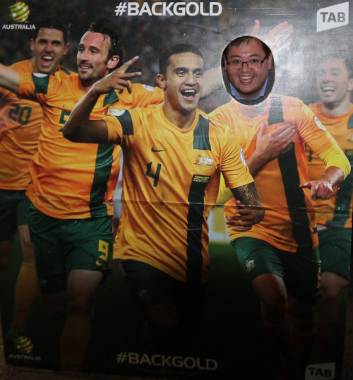 Bin posing in cutout of Socceroos