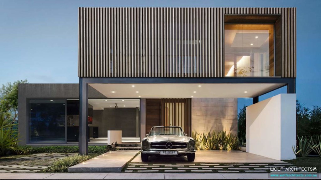 Modern Timber battened house with Mercedes Benz parked in front